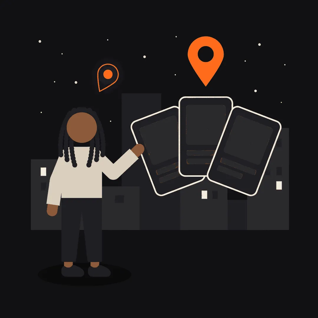 A person presents three place cards under a map pin.