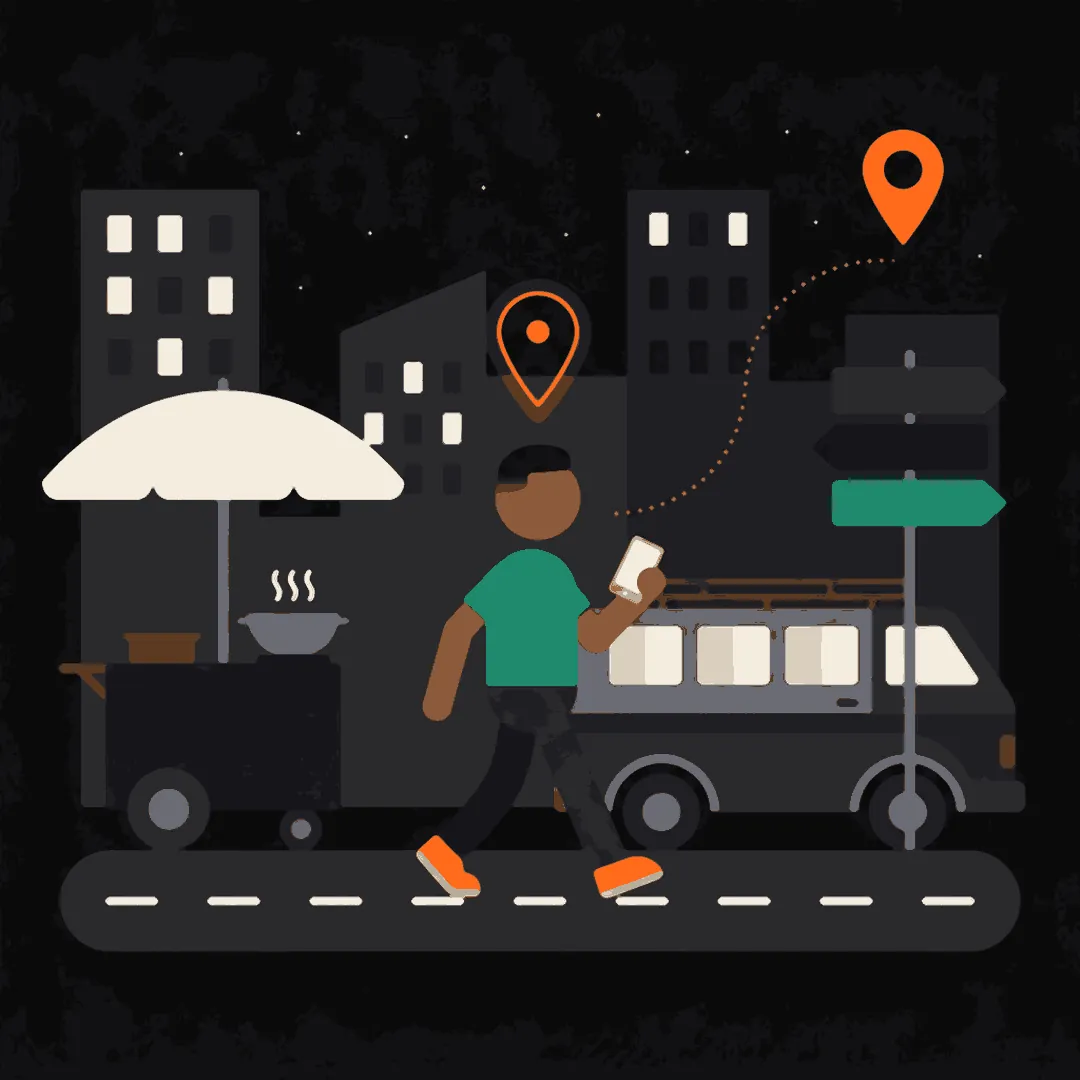 A person walks down a street at night, phone in hand, past a trotro and a food stand toward a destination pin.