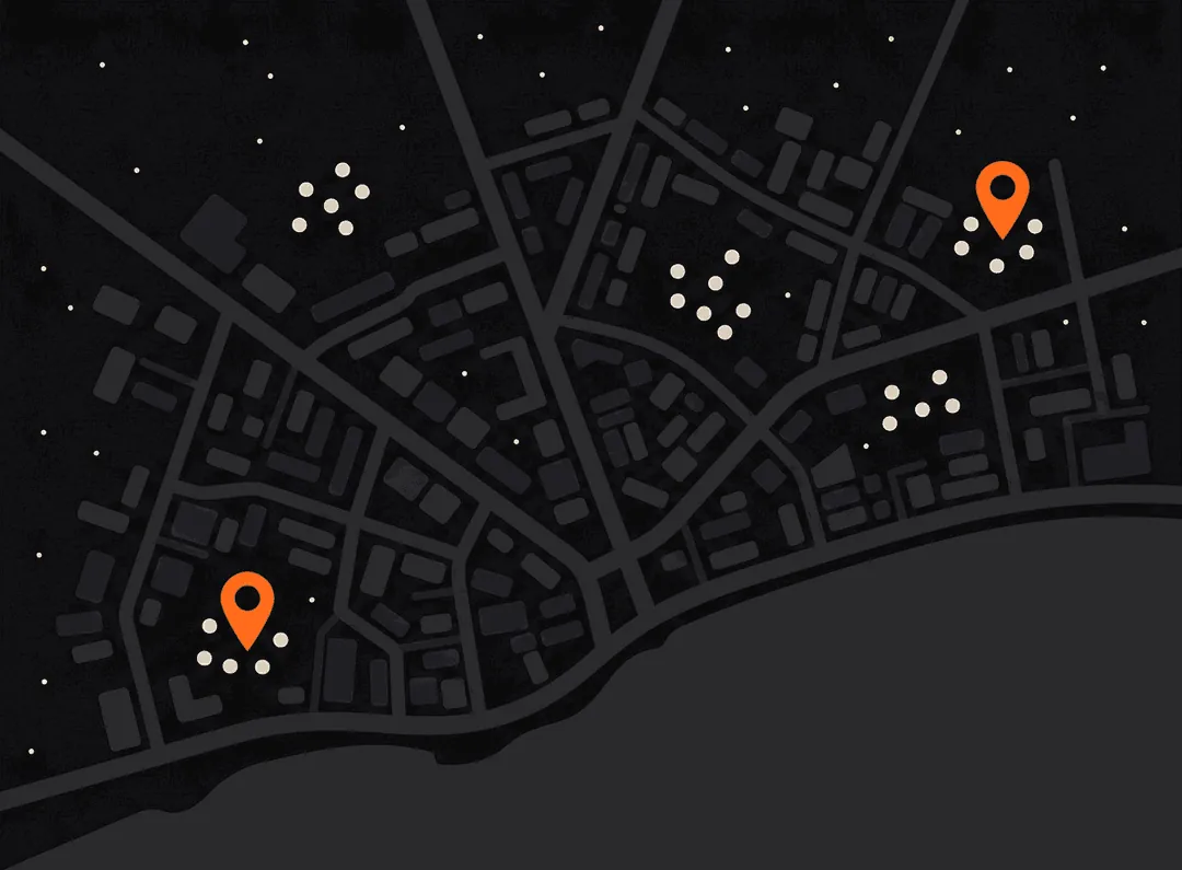 An illustrated night map of Accra with orange pins and clusters of places.